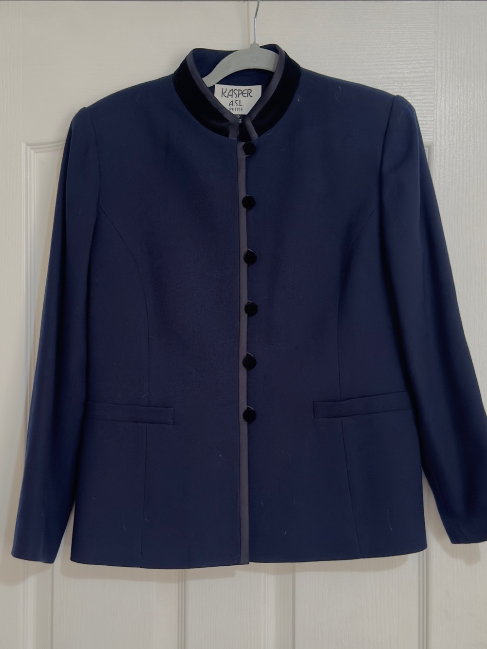 Kasper Dark Navy Mandarin Collar Velvet-Trim Blazer